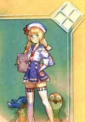 Rule 34 | 1girl, blonde hair, blue eyes, bow (bhp), braid, capcom, cha-cha, dixie cup hat, hand on own hip, hat, highres, hip focus, kayamba, military hat, miniskirt, monster hunter (series), monster hunter 3 g, quest receptionist (monster hunter 3 ultimate), smile, thighhighs, twin braids, zettai ryouiki