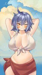 Rule 34 | arms behind head, arms up, bare arms, belly, blue hair, blush, breasts, cleavage, cloud, cloudy sky, cowboy shot, crop top, eyelashes, flipped hair, hair between eyes, highres, large breasts, looking at viewer, manyuu chifusa, manyuu hikenchou, messy hair, midriff, navel, one eye closed, outdoors, pincerpencil, sarong, shirt, short hair, sky, sleeveless, sleeveless shirt, smile, standing, tied shirt, v-shaped eyebrows, white shirt, wide hips, wink, yellow eyes