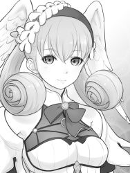 Rule 34 | 1girl, breasts, closed mouth, curly hair, dress, greyscale, head wings, kiikii (kitsukedokoro), long hair, looking at viewer, melia antiqua, monochrome, nintendo, smile, solo, wings, xenoblade chronicles: future connected, xenoblade chronicles (series), xenoblade chronicles 1