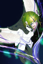 Rule 34 | 1girl, absurdres, antennae, black cape, black gloves, black pants, breasts, cape, collared shirt, commentary request, crescent moon, full body, gloves, green eyes, green hair, highres, juliet sleeves, long sleeves, looking at viewer, mizoreshi, moon, open mouth, pants, puffy sleeves, shirt, short hair, small breasts, solo, touhou, white shirt, wriggle nightbug