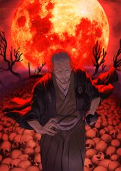 Rule 34 | absurdres, bare tree, beard, facial hair, fate/grand order, fate (series), full moon, glowing, grey eyes, grey hair, grin, hair slicked back, hakama, hakama skirt, heterochromia, highres, huge moon, japanese clothes, katana, male focus, manly, moon, old, old man, outdoors, pile of skulls, red eyes, red moon, red theme, skirt, skull, smile, solo, standing, sword, tree, weapon, yagyuu munenori (fate)
