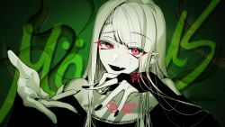 Rule 34 | 1girl, bad id, bad twitter id, black nails, collarbone, dear: (utaite), fang, green background, hair behind ear, head tilt, highres, indie utaite, jewelry, nail polish, off shoulder, open hand, open hands, open mouth, original, pink eyes, ring, skin fang, smile, solo, utaite, xoco