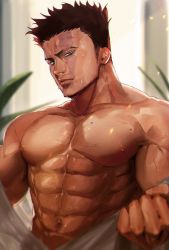 Rule 34 | 1boy, abs, bara, bare pectorals, beard, blue eyes, boku no hero academia, collarbone, embers, endeavor (boku no hero academia), facial hair, head tilt, large pectorals, looking at viewer, male focus, mature male, mm39572, muscular, muscular male, navel, nipples, open clothes, open shirt, pale skin, pectorals, pectorals, red hair, scar, scar across eye, scar on face, shiny skin, short hair, sideburns, solo, spiked hair, spoilers, stubble, sweat, topless male, undressing, upper body