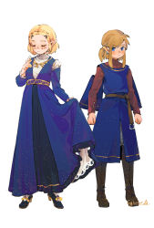 Rule 34 | 1boy, 1girl, belt, black footwear, blonde hair, blue dress, blue tunic, blush, bob cut, boots, braid, brown shirt, closed eyes, closed mouth, clothing cutout, crown braid, dress, earrings, full body, hair ornament, hairclip, hand up, highres, jewelry, knee boots, legs apart, light brown hair, light particles, link, long sleeves, looking at viewer, necklace, nintendo, pointy ears, princess zelda, shirt, shoulder cutout, shuangsen, sidelocks, signature, simple background, skirt hold, standing, the legend of zelda, the legend of zelda: breath of the wild, the legend of zelda: tears of the kingdom, white background