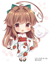 Rule 34 | 10s, 1girl, :d, ahoge, alternate costume, artist name, bad id, bad pixiv id, blush, brown eyes, brown hair, cotton candy, fang, floral background, floral print, food, holding, holding food, japanese clothes, kantai collection, kimono, kuma (kancolle), long hair, masayo (gin no ame), obi, open mouth, sandals, sash, smile, solo, white background, yukata