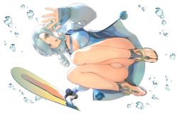Rule 34 | 1girl, amazuyu tatsuki, animal ears, aquaplus, ass, bare legs, blue eyes, blue hair, breasts, cleavage, cleavage cutout, clothing cutout, competition swimsuit, curly hair, eyes visible through hair, feet, fingerless gloves, from below, full body, gloves, gradient eyes, gradient hair, hair between eyes, hair over one eye, hair over shoulder, highres, holding, jacket, knees up, large breasts, legs together, lips, long hair, long sleeves, looking at viewer, multicolored eyes, multicolored hair, munechika, official art, one-piece swimsuit, open clothes, open jacket, open mouth, panties, pantyshot, raised eyebrows, sandals, sidelocks, solo, swept bangs, swimsuit, taut clothes, taut swimsuit, thick thighs, thighs, thighs together, toenails, toes, tongue, transparent background, underwear, utawarerumono, utawarerumono: itsuwari no kamen, utawarerumono: lost flag, water, water drop
