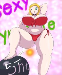 Rule 34 | 1girl, absurdres, aged up, ass, barefoot, bikini, blonde hair, blush, breasts, cameltoe, digimon, digimon frontier, feet, female focus, gluteal fold, highres, huge breasts, looking at viewer, mechacross, mechspazer, navel, one eye closed, orimoto izumi, pussy, red bikini, solo, swimsuit, thick thighs, thighs, wide hips, wink