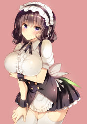 Rule 34 | 1girl, apron, black hair, black ribbon, black skirt, black vest, blush, breast hold, breasts, center frills, closed mouth, commentary request, cowboy shot, dress shirt, frilled skirt, frills, highres, large breasts, leaning forward, looking at viewer, maid, maid headdress, neck ribbon, original, puffy short sleeves, puffy sleeves, purple eyes, ribbon, sanshoku amido, shirt, short sleeves, skirt, smile, solo, thighhighs, vest, waist apron, wavy hair, white thighhighs, wrist cuffs