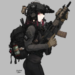 Rule 34 | 1girl, ammunition pouch, armor, artist name, assault rifle, aze (tyranno-link), backpack, bag, black bag, black hair, black pants, body armor, brown gloves, dated, explosive, feet out of frame, from side, geissele urg-i, gloves, grenade, grey background, grey jacket, gun, helmet, holding, holding gun, holding weapon, jacket, long hair, long sleeves, looking at viewer, combat helmet, mole, mole under eye, multicolored hair, night vision device, open mouth, original, pants, piercing, pouch, purple eyes, rifle, solo, standing, streaked hair, tactical clothes, tongue, tongue out, tongue piercing, weapon