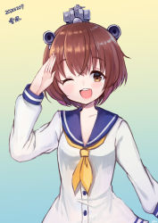 Rule 34 | 1girl, binoculars, brown eyes, brown hair, character name, dated, dress, headgear, headset, kantai collection, looking at viewer, neckerchief, one eye closed, open mouth, round teeth, sailor dress, salute, short hair, silica (silica silylate), solo, speaking tube headset, teeth, upper teeth only, yellow neckerchief, yukikaze (kancolle)