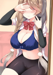 Rule 34 | arm warmers, bare shoulders, bike shorts, blue bra, bow, bowtie, bra, breasts, brown eyes, cellphone, cleavage, cloud hair ornament, covering own eyes, hair over one eye, holding, holding phone, kantai collection, large breasts, light brown hair, long hair, looking at viewer, minegumo (kancolle), no pants, phone, plaid, plaid bow, plaid bowtie, plaid neckwear, purunyara, red bow, red bowtie, selfie, shirt, sitting, smartphone, solo, underwear, white shirt