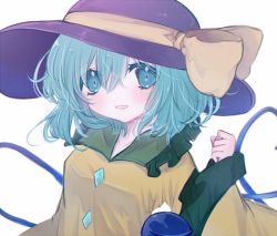 Rule 34 | 1girl, aoi brown, black hat, bow, buttons, clenched hand, collar, commentary, commentary request, diamond (shape), diamond button, frilled collar, frilled sleeves, frills, green collar, green eyes, green hair, hat, heart, heart of string, komeiji koishi, long sleeves, shirt, short hair, simple background, third eye, touhou, white background, yellow bow, yellow shirt