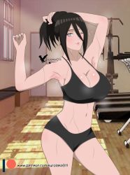 Rule 34 | 1girl, agung911, armpits, arms up, black hair, blurry, blurry background, boruto: naruto next generations, breasts, cleavage, dripping, exercise machine, gym, hair between eyes, highres, holding, holding hair, hyuuga hanabi, indoors, large breasts, looking at viewer, naruto (series), navel, one eye closed, parted lips, patreon username, pixelated, ponytail, purple eyes, short ponytail, sidelocks, signature, sports bra, stomach, sweat, tagme, thick thighs, thighs, wet, window, workout clothes