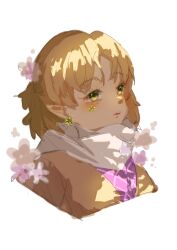 Rule 34 | 1girl, absurdres, blonde hair, blush, brown shirt, flower, green eyes, green flower, highres, mizuhashi parsee, open mouth, pink flower, pointy ears, portrait, scarf, shirt, short hair, simple background, solo, touhou, white background, white scarf, youmiblue