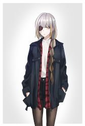 Rule 34 | 1girl, alternate costume, black pantyhose, black shorts, blouse, blue jacket, braid, braided tail, checkered clothes, checkered shirt, eyepatch, girls&#039; frontline, grey background, grey hair, hand in pocket, highres, jacket, long hair, looking at viewer, m16a1 (boss) (girls&#039; frontline), mmm (ji1945), mole, mole under eye, multicolored hair, pantyhose, scar, scar across eye, scar on face, shirt, shorts, single braid, solo, thighhighs, white shirt, yellow eyes