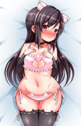 Rule 34 | 10s, 1girl, animal ears, asashio (kancolle), bad id, bad pixiv id, bed sheet, bell, neck bell, black hair, blush, breasts, brown hair, cat cutout, cat ear panties, cat ears, cat lingerie, cleavage cutout, clothing cutout, collar, jingle bell, kantai collection, long hair, lying, meme attire, navel, on back, panties, richou (zerozero1101), school uniform, side-tie panties, small breasts, solo, sweat, thigh gap, underwear