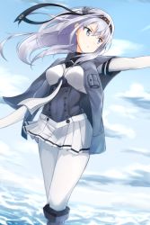 Rule 34 | 1girl, absurdres, blue eyes, blue sky, breasts, day, floating hair, from below, hair between eyes, headband, highres, kantai collection, long hair, medium breasts, miniskirt, ocean, outdoors, outstretched arm, pantyhose, parted lips, pleated skirt, silver hair, skirt, sky, solo, standing, suzutsuki (kancolle), taka-chan, white neckwear, white pantyhose, white skirt