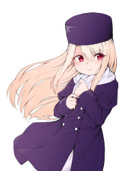 Rule 34 | 1girl, bad id, bad pixiv id, blush, commentary request, fate/stay night, fate (series), fur hat, hat, highres, illyasviel von einzbern, itachi class, jacket, long hair, long sleeves, looking at viewer, papakha, purple hat, purple jacket, red eyes, scarf, simple background, smile, solo, white background, white scarf