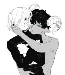 Rule 34 | 2boys, animal ears, bags under eyes, behind another, blue eyes, crying, curly hair, dark-skinned male, dark skin, dungeon meshi, elf, face-to-face, goat boy, goat ears, goat horns, hand on another&#039;s cheek, hand on another&#039;s face, highres, horns, kabru, lazy eye, looking at another, male focus, mithrun, monochrome, multiple boys, nail polish, nigari512, notched ear, pointy ears, short hair, smile, spot color, topless male, uneven eyes, wavy hair, yaoi