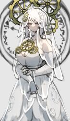 Rule 34 | 1girl, bare shoulders, breasts, bridal veil, cleavage, clock, clock print, dress, e.g.o (project moon), faust (project moon), gears, gloves, highres, limbus company, project moon, shigezie, short hair, solo, standing, veil, wedding dress, white dress, white eyes, white gloves, white hair
