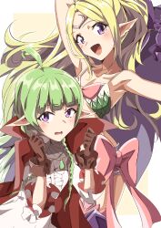 Rule 34 | 2girls, :d, absurdres, ahoge, armpits, bare shoulders, blonde hair, brown gloves, cape, dress, fire emblem, fire emblem awakening, gloves, green hair, highres, long hair, looking at viewer, mother and daughter, multiple girls, nah (fire emblem), nintendo, nowi (fire emblem), open mouth, pointy ears, purple eyes, red cape, smile, to (tototo tk), very long hair, white dress
