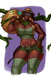 Rule 34 | 1girl, absurdres, archeology, breasts, brown hair, dark-skinned female, dark skin, female focus, gloves, hat, highres, illaoi, large breasts, league of legends, long hair, looking at viewer, midriff, muscular, muscular female, navel, official alternate costume, plant, rope, solo, sunglasses, tall female, tattoo, thighhighs, weapon