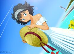 Rule 34 | 1girl, artist name, bare shoulders, black hair, blue eyes, collarbone, dated, detached sleeves, dress, dutch angle, flower, frilled hairband, frills, hairband, hat, hat ribbon, holding, holding clothes, holding hat, lighthouse, looking at viewer, ocean, original, outdoors, protonozawa, red ribbon, ribbon, short hair, sky, smile, solo, sun hat, sundress, water