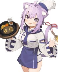 Rule 34 | 1girl, :d, ahoge, animal ear fluff, animal ears, apron, bell, blue apron, breasts, cat ears, cat girl, cat tail, chef hat, commentary request, food, hair between eyes, hands up, hat, highres, holding, hololive, long sleeves, medium breasts, nekomata okayu, open mouth, purple eyes, purple hair, red ribbon, ribbon, seramikku, shirt, simple background, sleeves past wrists, smile, solo, tail, tail bell, tail ornament, tail raised, tail ribbon, virtual youtuber, waist apron, white background, white hat, white shirt, wide sleeves