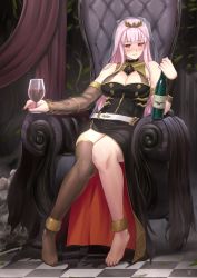 Rule 34 | 1girl, anklet, asymmetrical legwear, bad id, bad pixiv id, barefoot, belt, black dress, blush, bottle, breasts, brown thighhighs, chair, cleavage, commentary request, crown, cup, curtains, detached collar, dress, drinking glass, finalcake, highres, holding, holding bottle, holding cup, hololive, hololive english, jewelry, knees together feet apart, large breasts, light smile, long hair, looking at viewer, mismatched legwear, mori calliope, nail polish, partial commentary, pile of skulls, pink eyes, pink hair, single thighhigh, sitting, slouching, solo, thighhighs, tile floor, tiles, toenail polish, toenails, veil, very long hair, virtual youtuber, wine bottle, wine glass