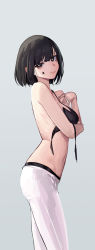 Rule 34 | 1girl, absurdres, arm under breasts, black bra, black hair, black panties, blunt bangs, bob cut, bra, breast hold, breasts, brown eyes, commentary, facial mark, from side, grey background, hand on own chest, hand up, highres, looking at viewer, looking to the side, mac star, no shirt, open bra, original, panties, short hair, simple background, solo, standing, star (symbol), star facial mark, underwear, white panties