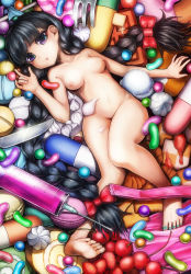 Rule 34 | 1girl, absurdres, barefoot, black hair, bow, braid, breasts, cake, candy, checkerboard cookie, cherry, cookie, cracker, doughnut, drugs, food, fork, fruit, full body, glint, hair bow, highres, jelly bean, knife, lollipop, long hair, looking at viewer, low-tied long hair, macaron, medicine, medium breasts, mini person, minigirl, nail polish, navel, nipples, nude, original, oversized food, oversized object, pasties, pill, purple eyes, raito (latek), red bow, solo, strawberry, swirl lollipop, swiss roll, syringe, toenail polish, toenails, twin braids, very long hair