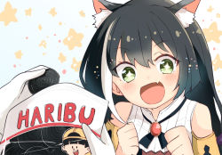 Rule 34 | + +, 1girl, :d, animal ear fluff, animal ears, barashiya, bare shoulders, black bow, black hair, blue background, blush, bow, brand name imitation, brooch, cat ears, clenched hands, commentary request, fang, food, gloves, green eyes, hair between eyes, hands up, haribo, holding, holding food, jewelry, karyl (princess connect!), long hair, multicolored hair, open mouth, princess connect!, shirt, sleeveless, sleeveless shirt, smile, solo focus, star (symbol), starry background, streaked hair, upper body, white gloves, white hair, white shirt