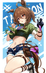 Rule 34 | 1girl, :o, absurdres, agnes tachyon (lunatic lab) (umamusume), agnes tachyon (umamusume), animal ears, bikini, black bikini, black footwear, black gloves, blush, border, breasts, brown hair, character name, cleavage, commentary, criss-cross halter, denim, denim shorts, ear ornament, english commentary, flask, gloves, green jacket, groin, hair between eyes, halterneck, highres, holding, holding test tube, horse ears, horse girl, horse tail, jacket, kii-kun (agnes tachyon) (umamusume), looking at viewer, medium breasts, midriff, navel, official alternate costume, open fly, open mouth, red eyes, round-bottom flask, sandals, short hair, shorts, sidelocks, single glove, skindentation, sleeves rolled up, solo, solo focus, standing, standing on one leg, swimsuit, sylph kim, tail, test tube, thigh strap, thighs, tied jacket, umamusume, white border