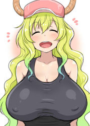Rule 34 | 1girl, artist request, bare shoulders, baseball cap, blonde hair, blush, breasts, cleavage, covered erect nipples, dragon horns, closed eyes, female focus, happy, hat, horns, huge breasts, kobayashi-san chi no maidragon, looking at viewer, lucoa (maidragon), open mouth, smile, solo, tank top, upper body