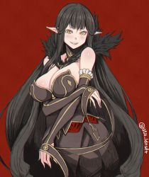 Rule 34 | 1girl, bare shoulders, black hair, blunt bangs, blush, breasts, cleavage, detached sleeves, dress, fate/apocrypha, fate (series), fur trim, highres, large breasts, long hair, parted lips, pointy ears, red background, semiramis (fate), simple background, sleeves past wrists, smile, solo, utu (ldnsft), very long hair, yellow eyes