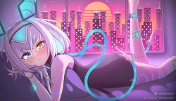 Rule 34 | 1girl, ahoge, android, animal ears, ass, bare shoulders, bed, black dress, blue eyes, blue hair, blush, building, circuit board, cityscape, dress, fake animal ears, foot out of frame, hair between eyes, hair ornament, heterochromia, highres, indie virtual youtuber, looking at viewer, lying, mizmillificent, on stomach, sayu sincronisity, short hair, simple background, sky, skyscraper, smile, solo, star (sky), starry sky, sun, sunset, tattoo, thighs, tube, vaporwave, virtual youtuber, visor cap, window, yellow eyes