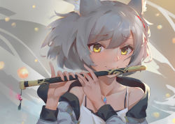 Rule 34 | 1girl, animal ears, breasts, cat ears, chest jewel, flute, highres, instrument, jacket, kiiro kimi, looking at viewer, mio (xenoblade), music, playing instrument, short hair, small breasts, solo, tank top, upper body, white jacket, white tank top, xenoblade chronicles (series), xenoblade chronicles 3, yellow eyes