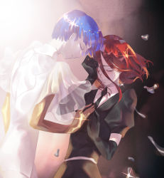 Rule 34 | 2others, androgynous, blue hair, blunt bangs, cinnabar (houseki no kuni), closed eyes, colored eyelashes, crystal hair, elbow gloves, forehead-to-forehead, gem uniform (houseki no kuni), gloves, golden arms, hair between eyes, heads together, highres, houseki no kuni, long bangs, mercury (element), multiple others, necktie, phosphophyllite, phosphophyllite (ll), red hair, see-through, see-through sleeves, short hair, spoilers, tears, tsushima touko