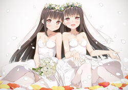 Rule 34 | 2girls, absurdres, bare shoulders, black hair, bouquet, breasts, bride, commentary request, dress, flower, flower wreath, head wreath, highres, holding, holding bouquet, long hair, looking at viewer, multiple girls, open mouth, original, panties, pantyshot, petals, pink eyes, rose, siblings, sisters, sitting, small breasts, smile, thighhighs, tsubure manjuu, twins, underwear, very long hair, wedding dress, white flower, white panties, white rose, white thighhighs