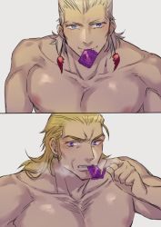Rule 34 | 2boys, bad id, bad pixiv id, blonde hair, blue eyes, condom, condom in mouth, condom wrapper, grey hair, hol horse, jean pierre polnareff, jojo no kimyou na bouken, manle, mouth hold, multiple boys, purple eyes, simple background, topless male