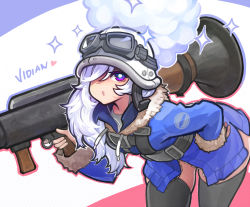 Rule 34 | 1girl, :o, bent over, black thighhighs, blu soldier (tf2), earbuds, earphones, genderswap, genderswap (mtf), goggles, goggles on headwear, hair over one eye, heart, helmet, long hair, looking at viewer, no pants, purple eyes, rocket launcher, soldier (tf2), solo, sparkle, team fortress 2, thighhighs, unusual effect, wahae, weapon, white hair