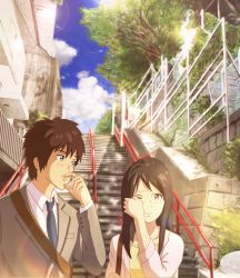 Rule 34 | 10s, 1boy, 1girl, aged up, black hair, blue eyes, brown eyes, brown hair, cloud, cloudy sky, commentary request, crying, crying with eyes open, day, formal, highres, kimi no na wa., lens flare, long hair, miyamizu mitsuha, shinjuku (tokyo), sky, spoilers, stairs, suit, sunday-offline, tachibana taki, tears, tokyo (city), tree, wiping tears