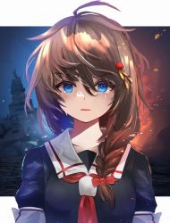 Rule 34 | 1girl, ahoge, black serafuku, blue eyes, braid, brown hair, crying, crying with eyes open, hair between eyes, hair flaps, highres, kantai collection, long hair, looking at viewer, neckerchief, o-sirius, open mouth, red neckerchief, school uniform, serafuku, shigure (kancolle), shigure kai ni (kancolle), short sleeves, single braid, solo, tears, upper body