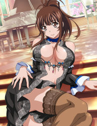 Rule 34 | 1girl, alternate costume, black dress, blue choker, brown eyes, brown hair, brown thighhighs, choker, closed mouth, collarbone, dress, grand piano, ikkitousen, indoors, instrument, long hair, long sleeves, looking at viewer, lying, on side, open clothes, open dress, piano, ponytail, short dress, smile, solo, stairs, thighhighs, yagyu mitsuyoshi, zettai ryouiki
