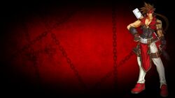 Rule 34 | 1boy, brown hair, guilty gear, headband, highres, non-web source, red background, red headband, sol badguy, solo