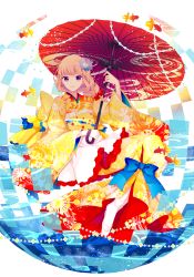 Rule 34 | 1boy, blonde hair, blue bow, bow, fish, flower, goldfish, goma (11zihisin), hair flower, hair ornament, highres, holding, japanese clothes, kimono, looking at viewer, male focus, oil-paper umbrella, open mouth, original, red eyes, socks, solo, trap, umbrella, white socks