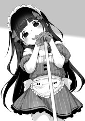 Rule 34 | 1girl, apron, arms up, bare shoulders, blunt bangs, blush, bow, braid, collarbone, cowboy shot, dot nose, dress, gloves, greyscale, hair bow, head tilt, henreader, highres, kyou kara ore wa loli no himo!, long hair, looking at viewer, maid headdress, monochrome, nijou touka, non-web source, off shoulder, open mouth, short sleeves, simple background, solo, straight-on, tareme, very long hair, waist apron