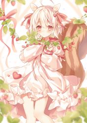 Rule 34 | 1girl, ahoge, bad id, bad pixiv id, blush, bow, chipmunk ears, chipmunk girl, chipmunk tail, dress, en (shisui no utage), feet out of frame, food, fruit, hair between eyes, hair bow, hand on own face, heart, indie virtual youtuber, kurino kurumi, leaf, looking at viewer, pink dress, pink hair, plant, red bow, red eyes, short hair, solo, strawberry, virtual youtuber