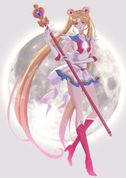 Rule 34 | 1girl, absurdly long hair, bishoujo senshi sailor moon, blonde hair, blue eyes, blue sailor collar, boots, bow, brooch, choker, crystal, double bun, elbow gloves, full body, full moon, gloves, hair ornament, hairclip, high heels, highres, knee boots, light smile, long hair, long legs, moon, multicolored clothes, multicolored skirt, red bow, red footwear, sailor collar, sailor moon, sera (pb2sera), skirt, smile, solo, spiral heart moon rod, staff, star brooch, super sailor moon, tsukino usagi, twintails, very long hair, walking, white gloves