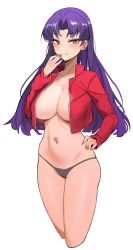 Rule 34 | 1girl, absurdres, black panties, breasts, cropped jacket, earrings, hand on own hip, higher resolution available, highres, jacket, jewelry, katsuragi misato, kiritzugu, large breasts, licking lips, long hair, looking at viewer, navel, neon genesis evangelion, open clothes, open jacket, panties, purple hair, red jacket, shiny skin, simple background, smile, solo, thong, tongue, tongue out, underwear, white background, wide hips